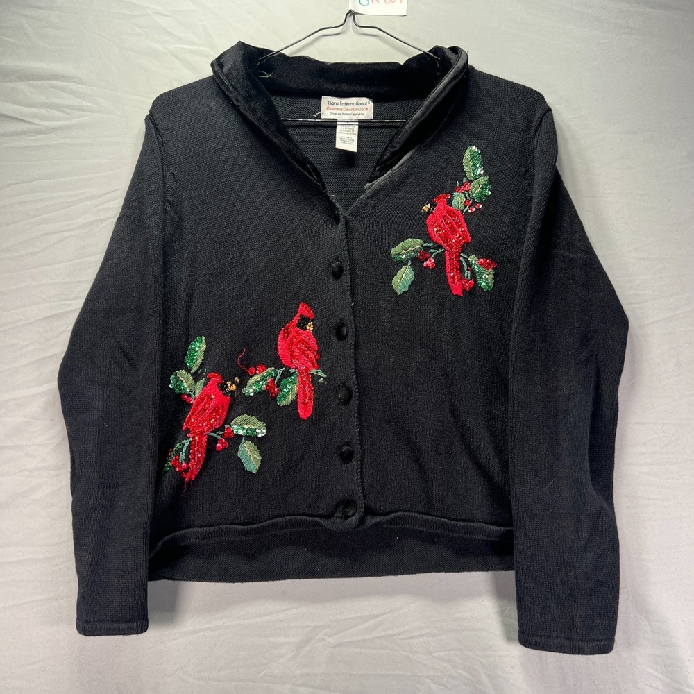 Tiara International Sweater Women Small Christmas Cardigan Cardinal Bird Grandma